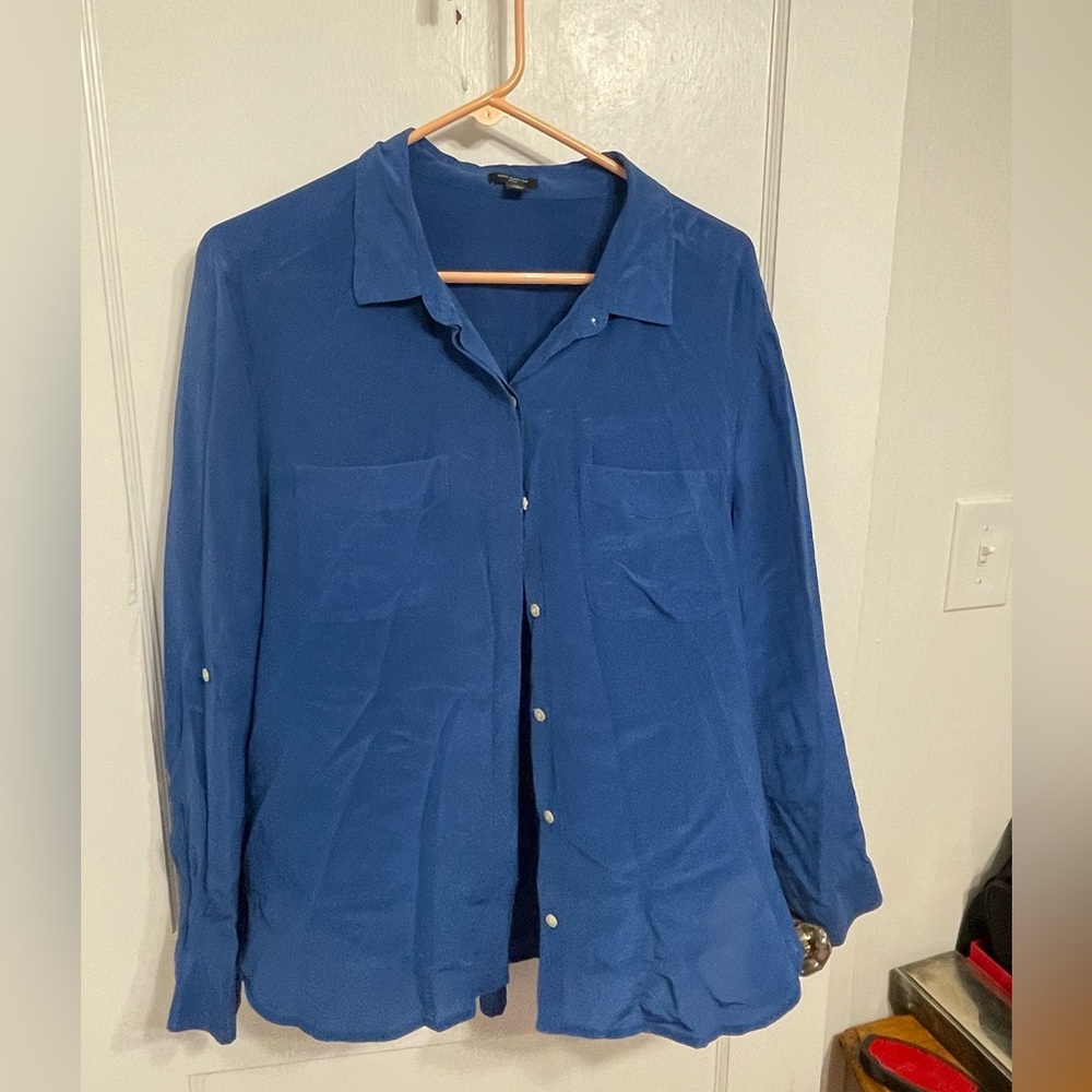 Ann Taylor silk blouse button front solid color blue sz XL like new